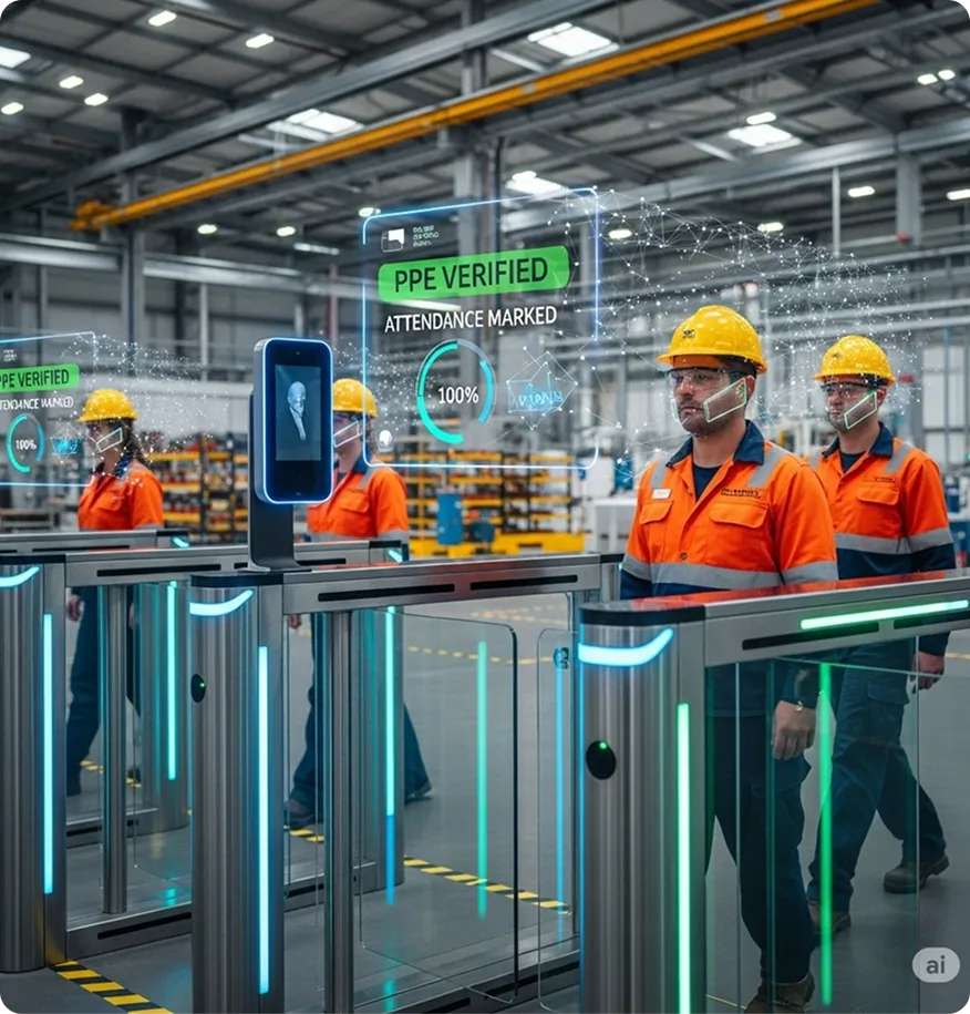 Factory floor with attendance tracking using AI overlay